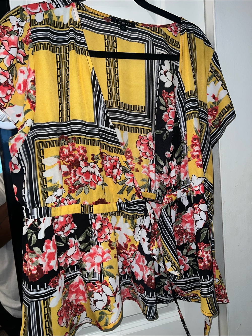 Yellow Floral Wrap Blouse with Pink & Black Accents